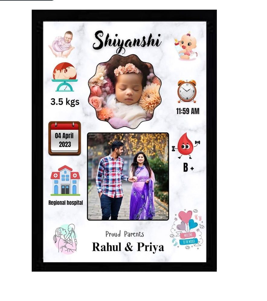 Personalized Baby Birth Details Photo Frame | Customized Newborn Baby Name & Photo Frame- A4 Size